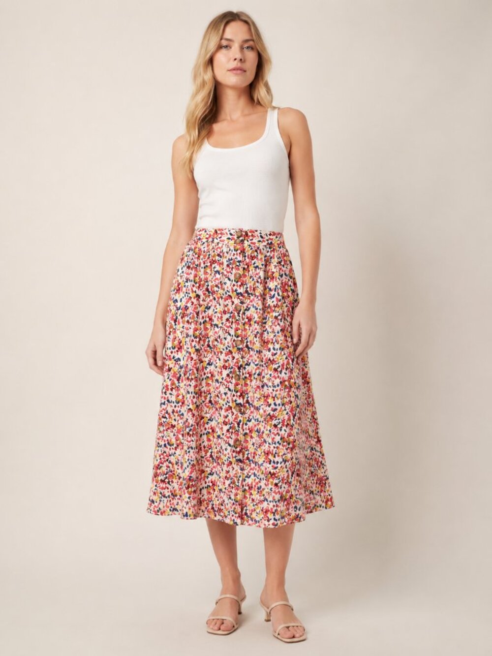 2/$30 Pieces Ditsy Floral Confetti Button-Front Midi Skirt Multi XS #A3498